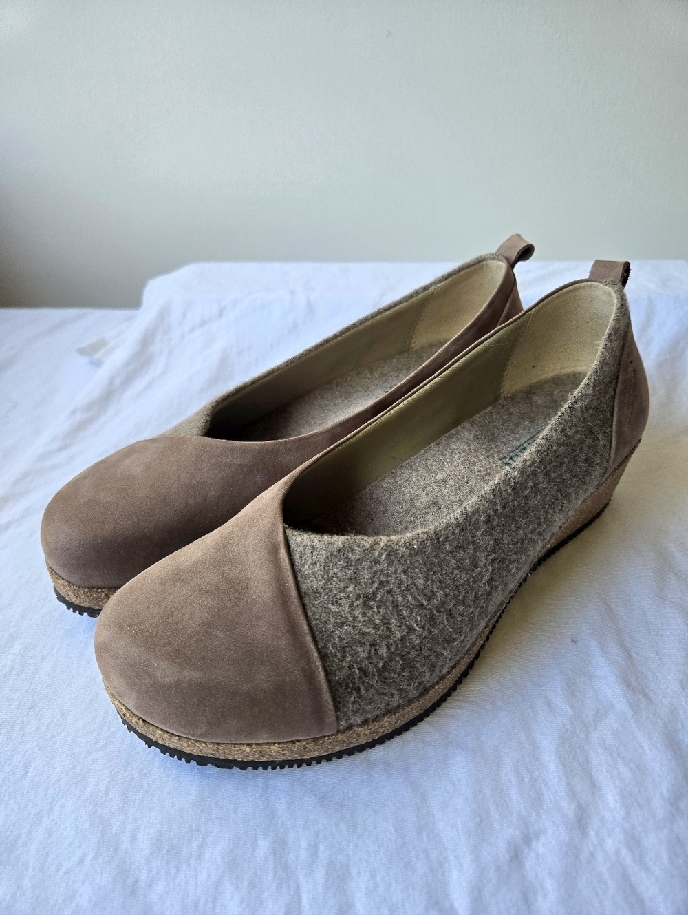 Stegmann Sophie Women's Wool/Nubuck Leather Wedge Slip On Shoes Taupe Size 10.5
